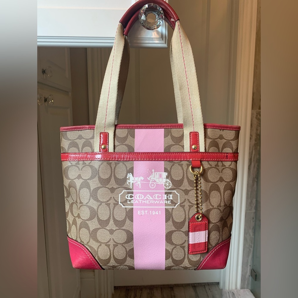 Coach Horse and Carriage Heritage Stripe Coated Canvas and Leather Pink Trim